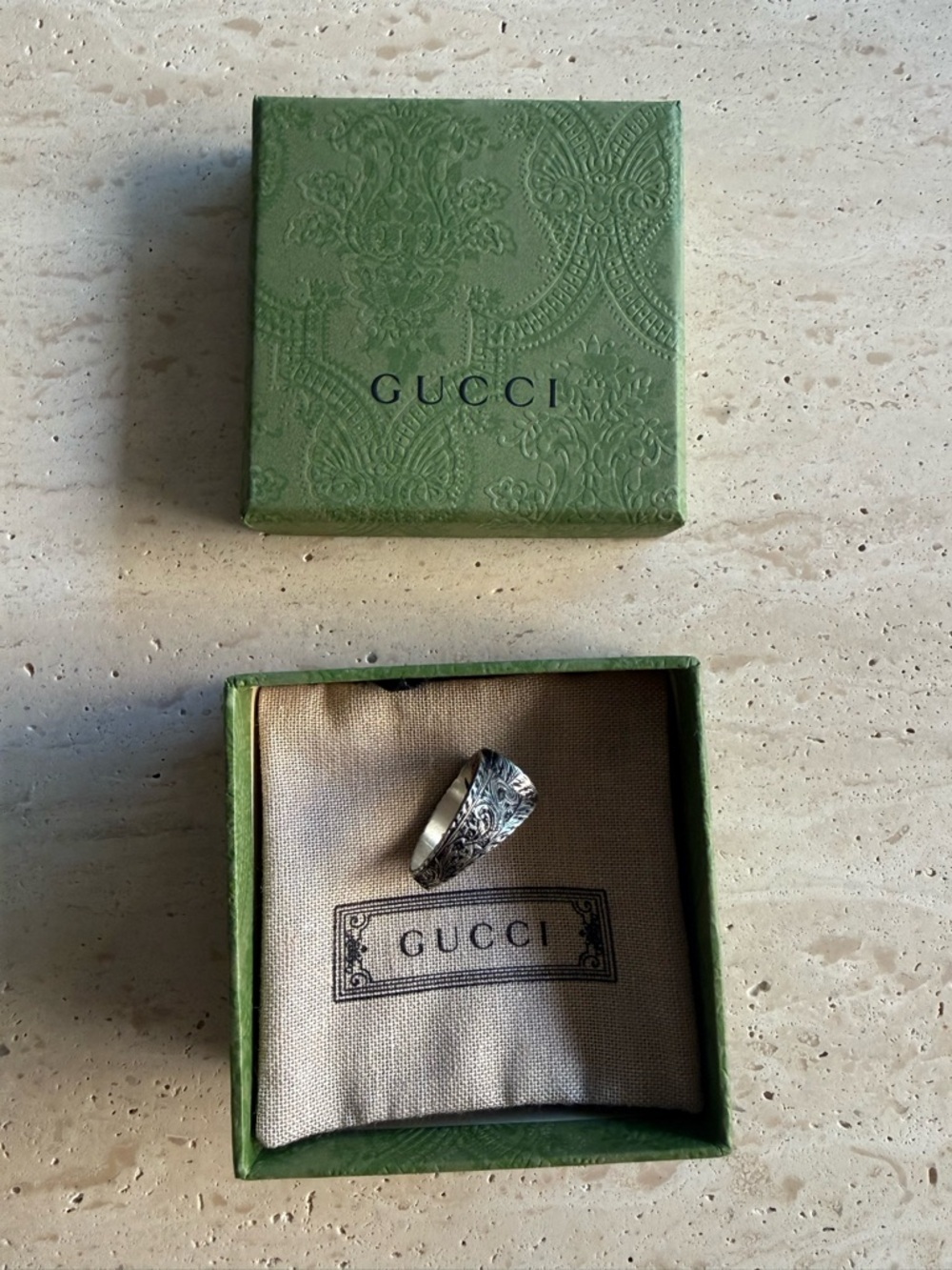 NWB GUCCI INTERLOCKING RING Ag 925 STERLING SILVER ENGRAVED PATTERN GUCCI SZ/21 - Picture 9 of 13
